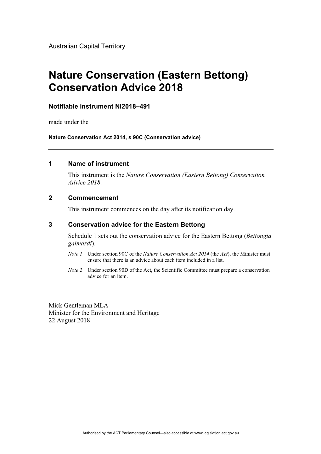 (Eastern Bettong) Conservation Advice 2018