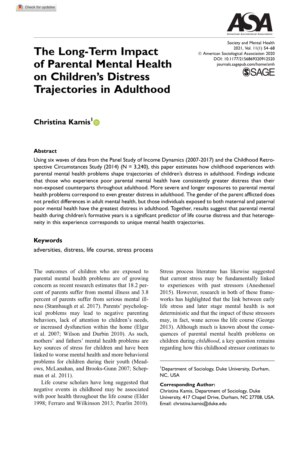 The Long-Term Impact of Parental Mental Health on Children's