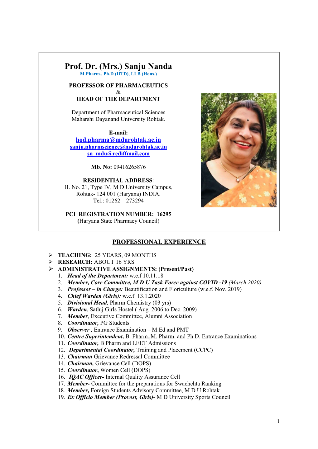 Prof. Dr. (Mrs.) Sanju Nanda M.Pharm., Ph.D (IITD), LLB (Hons.)