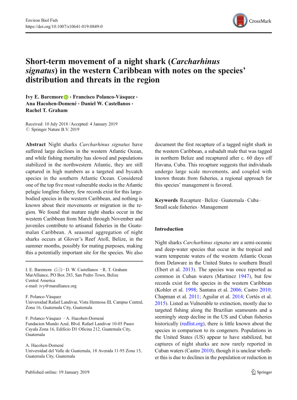 Short-Term Movement of a Night Shark (Carcharhinus Signatus) in the Western Caribbean with Notes on the Species’ Distribution and Threats in the Region