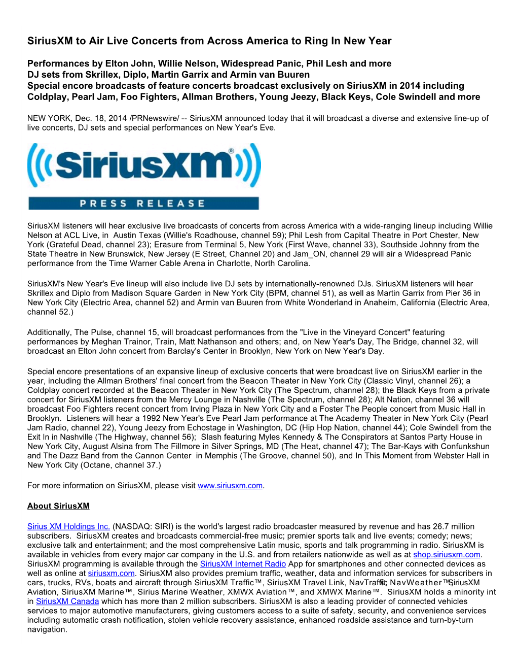 Siriusxm to Air Live Concerts from Across America to Ring in New Year