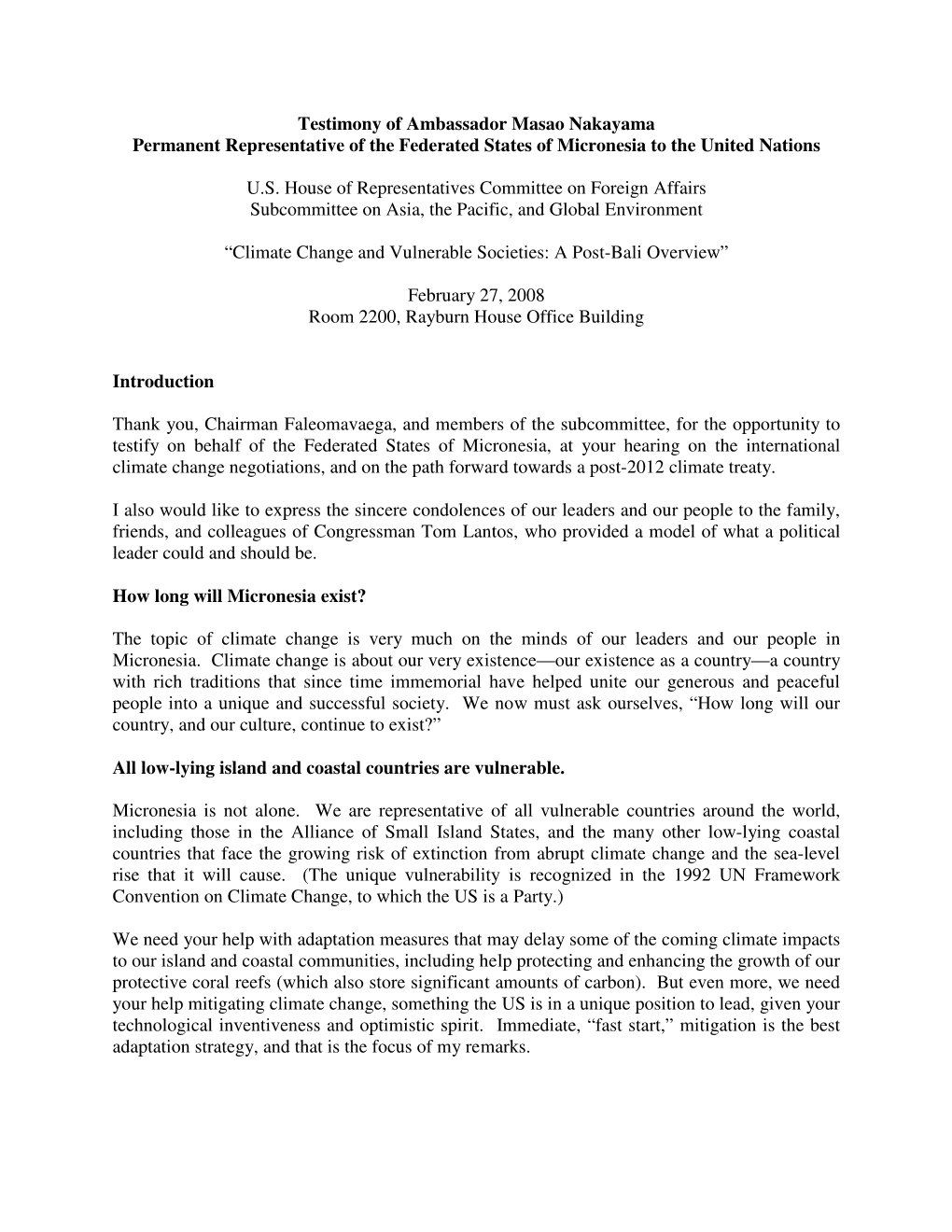 Testimony of Ambassador Masao Nakayama Permanent Representative of the Federated States of Micronesia to the United Nations