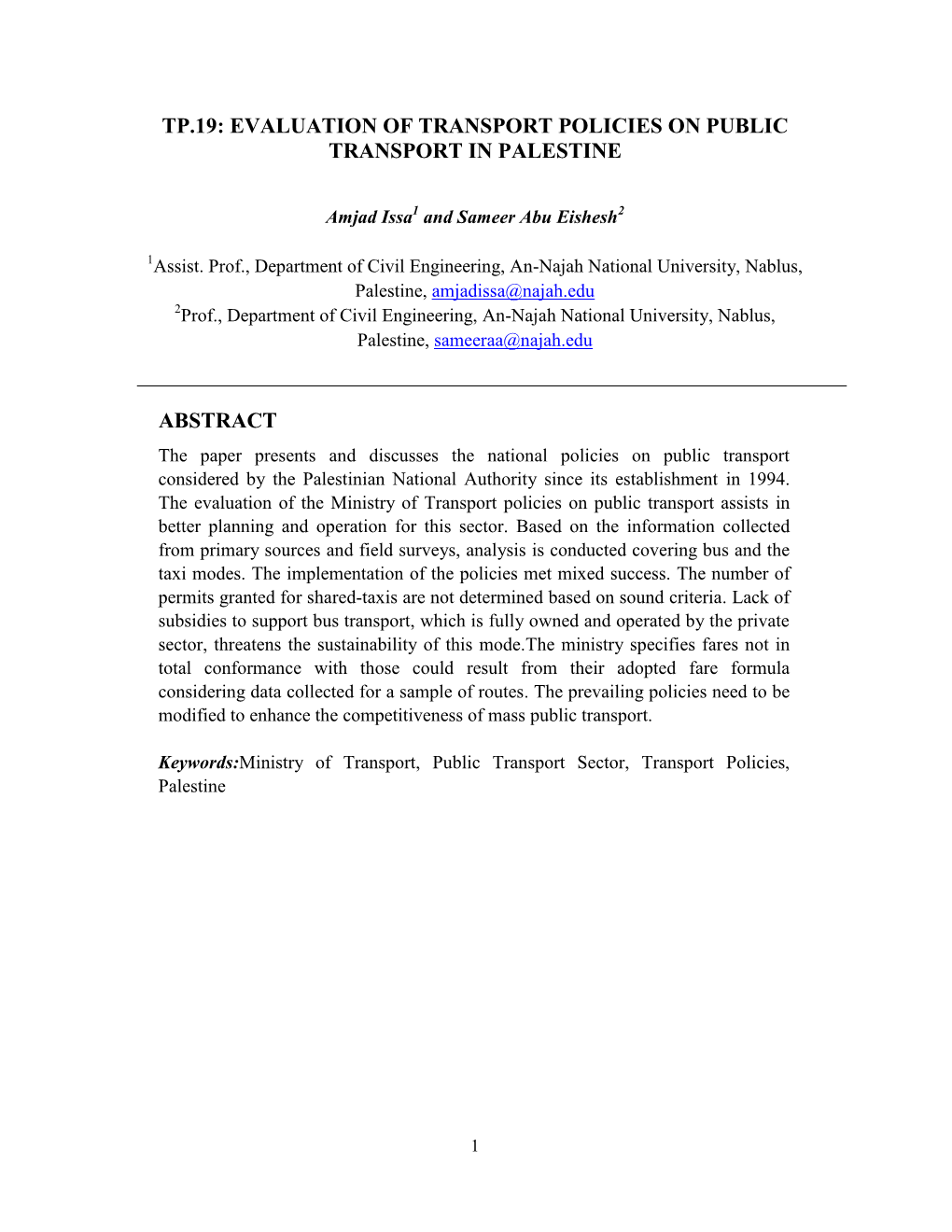 Tp.19: Evaluation of Transport Policies on Public Transport in Palestine