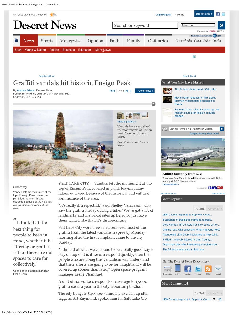 Graffiti Vandals Hit Historic Ensign Peak | Deseret News
