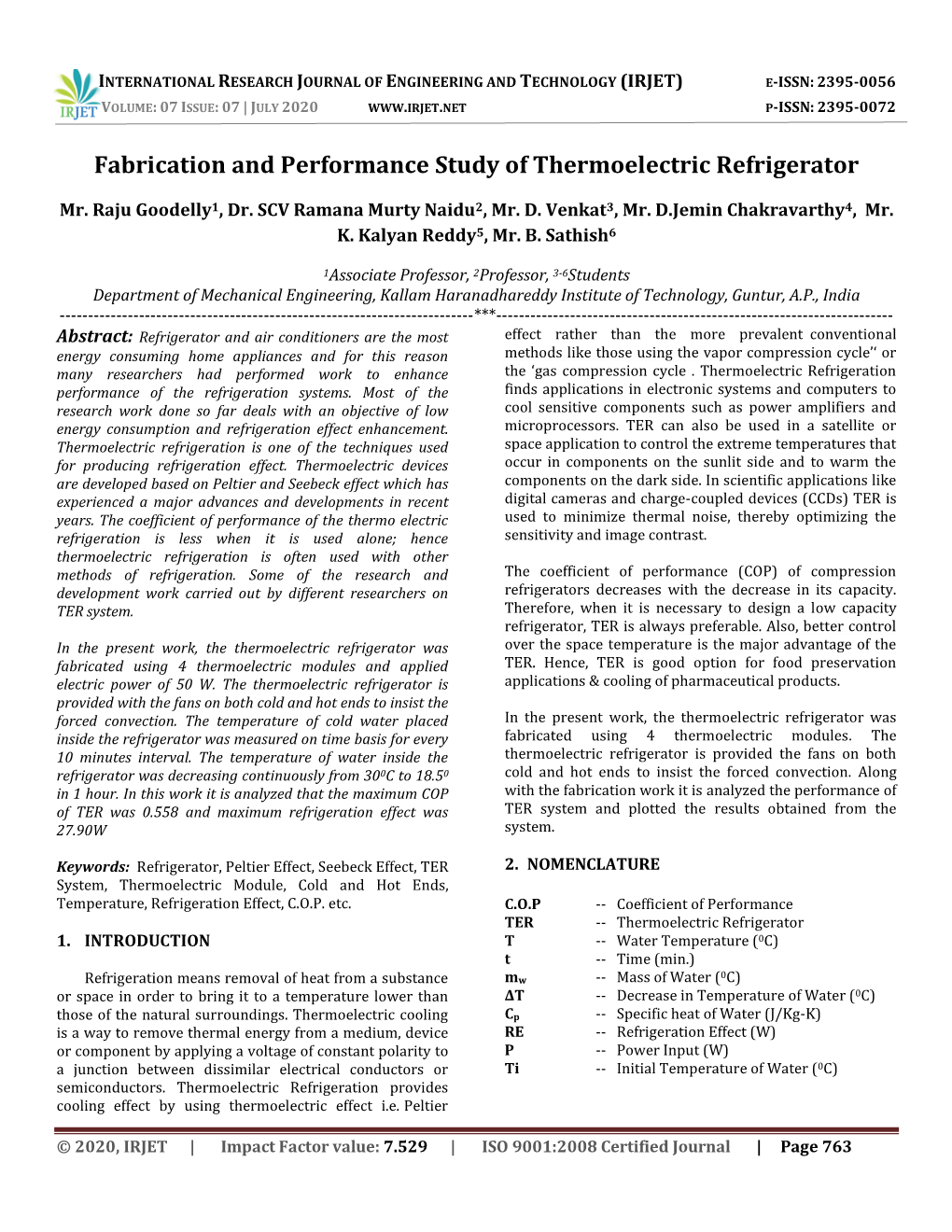 Fabrication and Performance Study of Thermoelectric Refrigerator