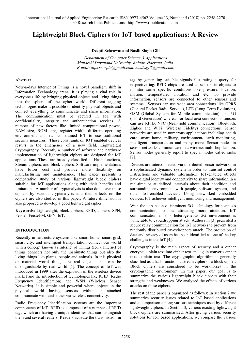 Lightweight Block Ciphers for Iot Based Applications: a Review