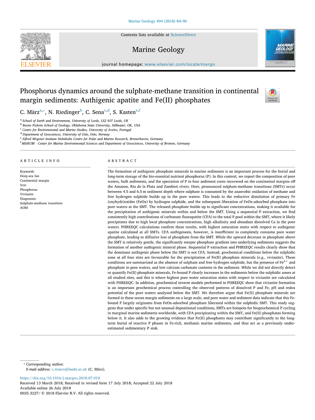 Phosphorus Dynamics Around the Sulphate-Methane Transition in Continental Margin Sediments: Authigenic Apatite and Fe(II) Phosphates T ⁎ C