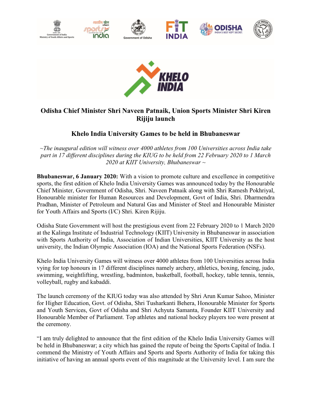 Odisha Chief Minister Shri Naveen Patnaik, Union Sports Minister Shri Kiren Rijiju Launch