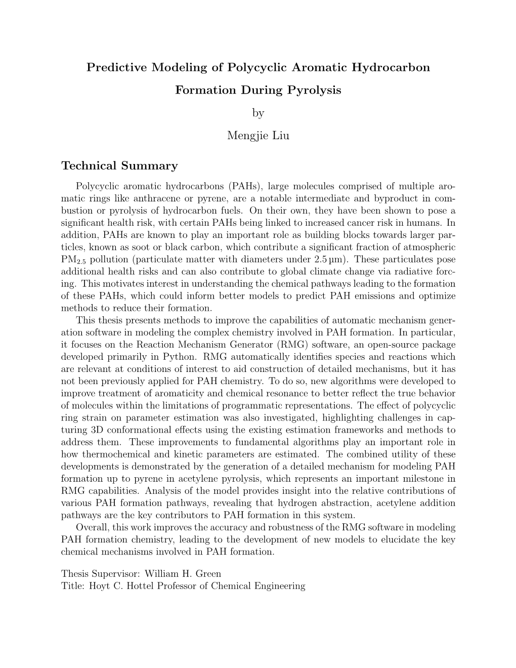 Predictive Modeling of Polycyclic Aromatic Hydrocarbon Formation During Pyrolysis by Mengjie Liu