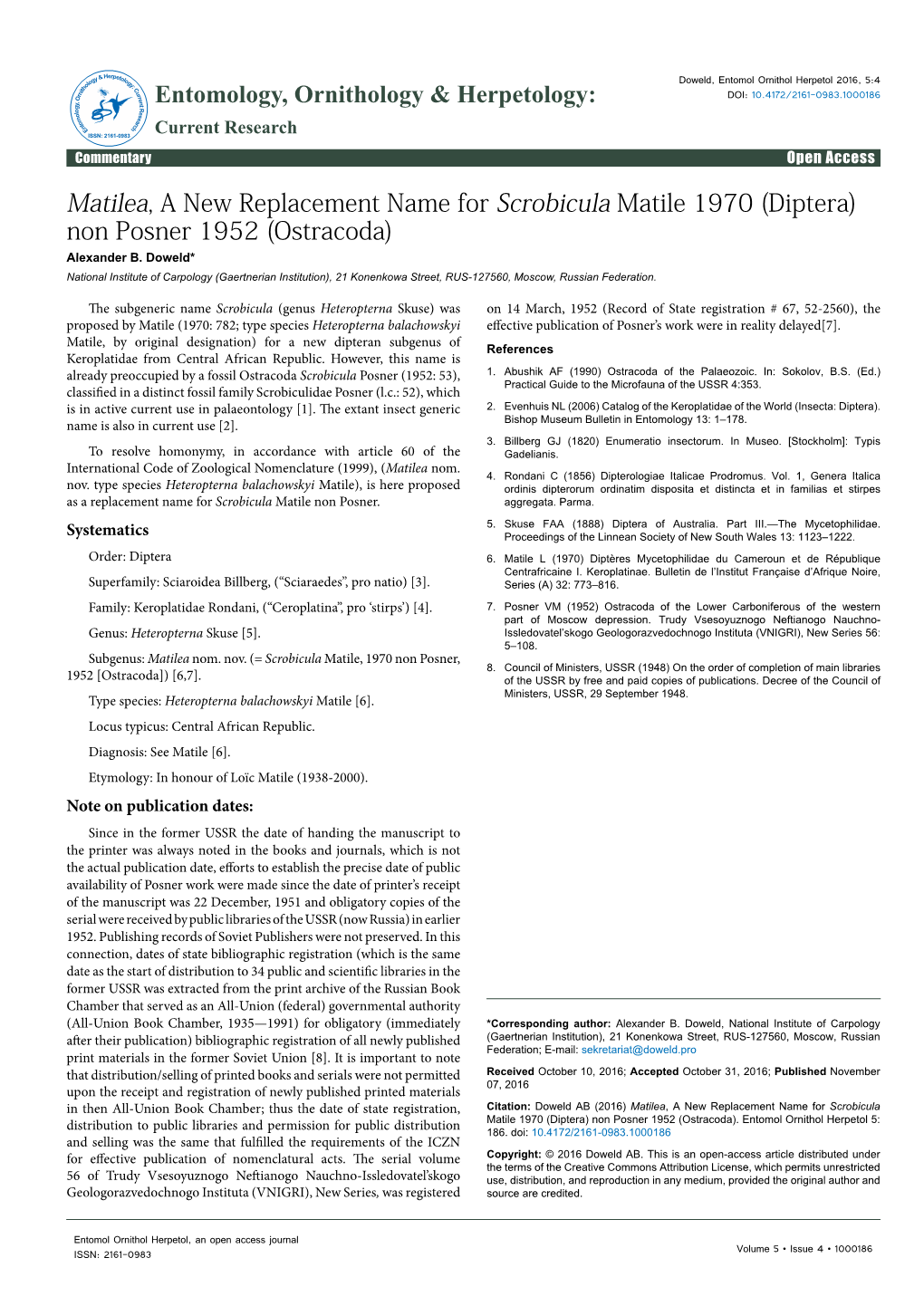 Matilea, a New Replacement Name for Scrobicula Matile 1970 (Diptera) Non Posner 1952 (Ostracoda) Alexander B