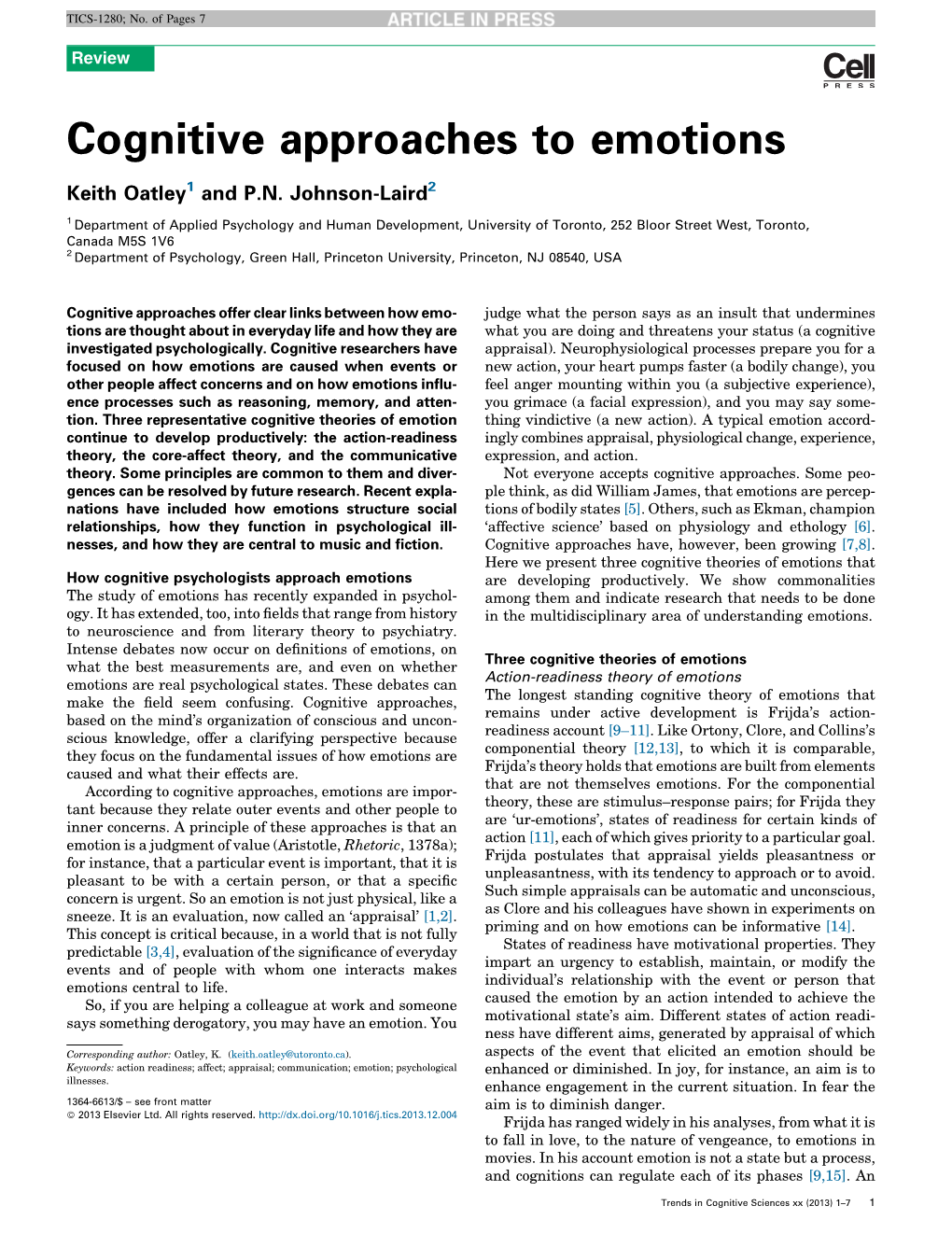 Cognitive Approaches to Emotions