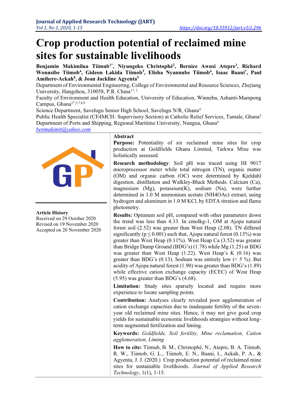 Crop Production Potential of Reclaimed Mine Sites for Sustainable Livelihoods