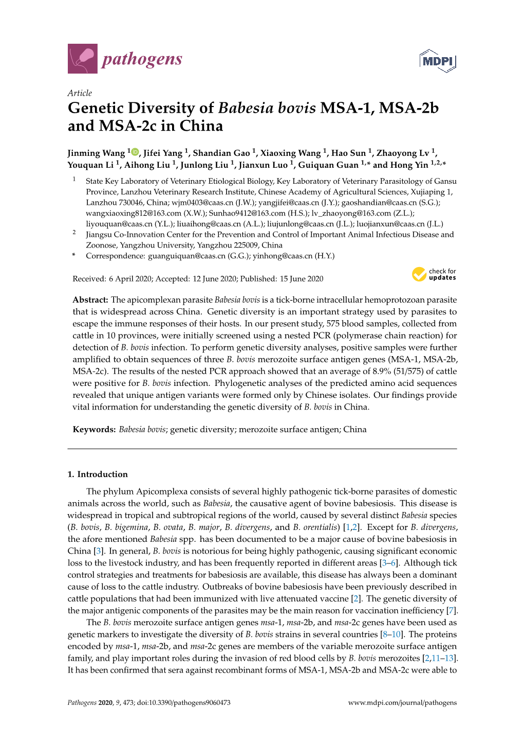Genetic Diversity of Babesia Bovis MSA-1, MSA-2B and MSA-2C in China