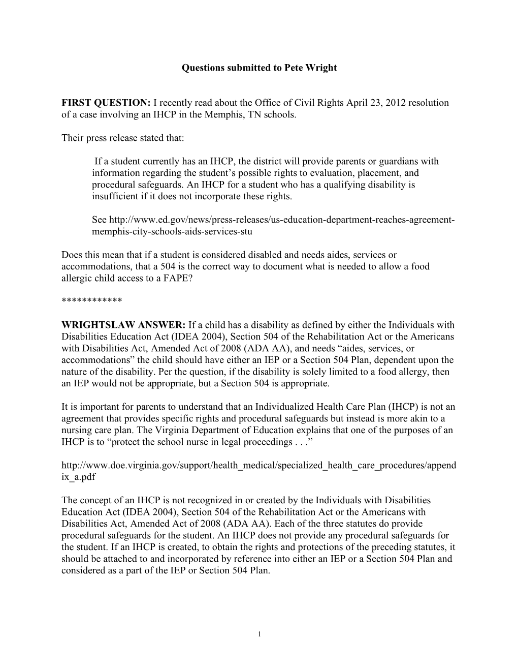 Q & As About Food Allergies, Individual Health Care Plans, Section 504 and ADA from Pete