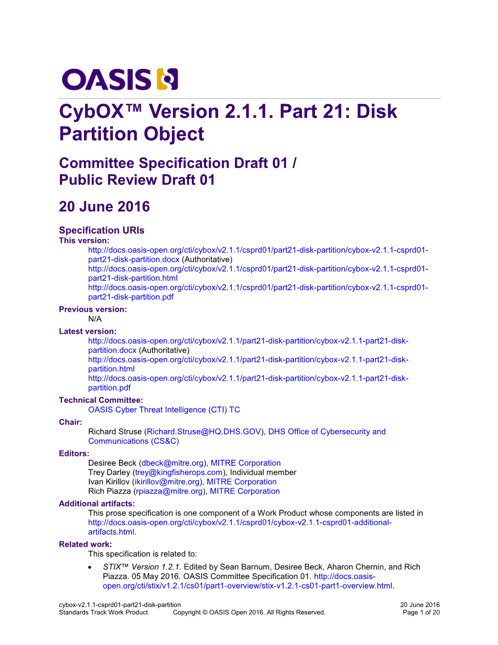 Disk Partition Object Committee Specification Draft 01 / Public Review Draft 01 20 June 2016