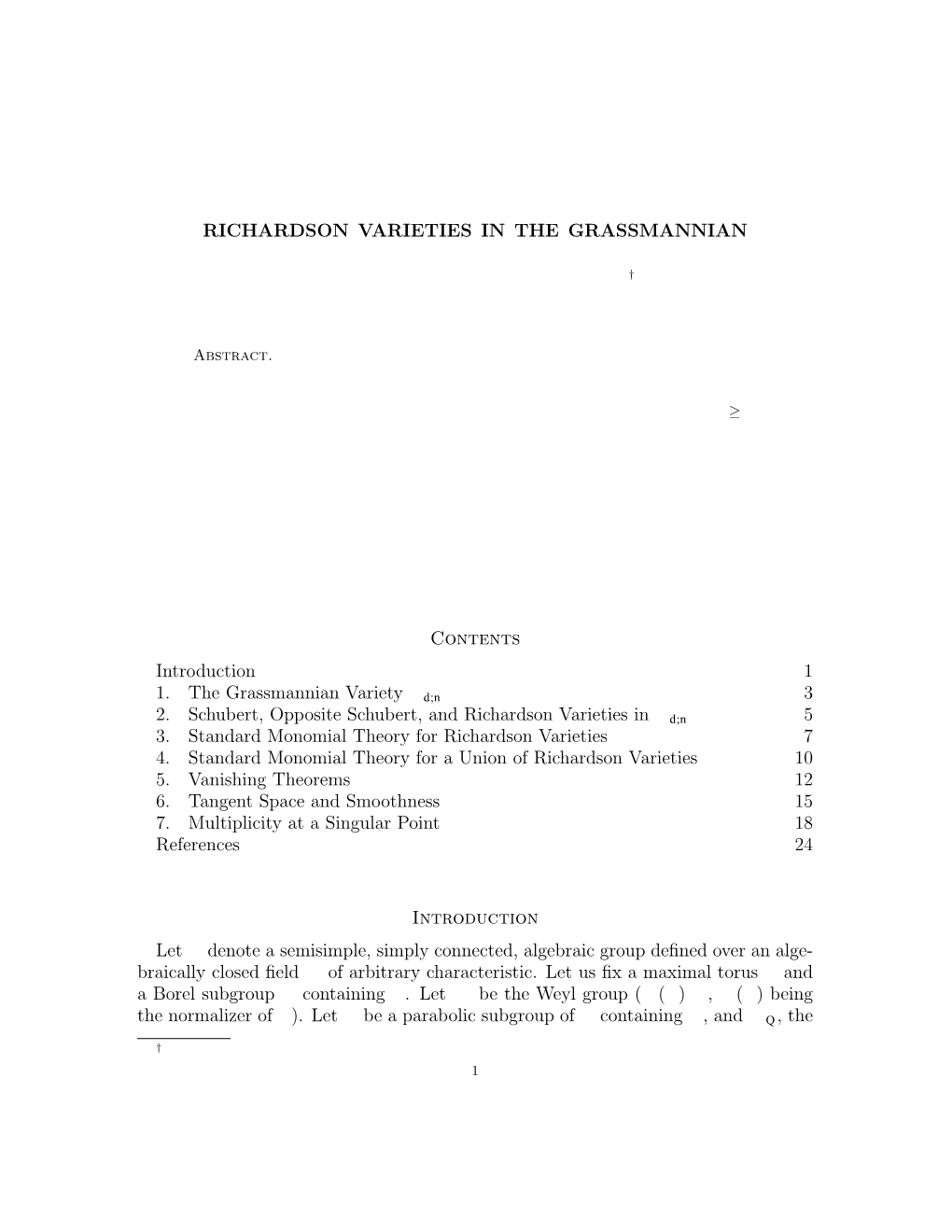 RICHARDSON VARIETIES in the GRASSMANNIAN Contents