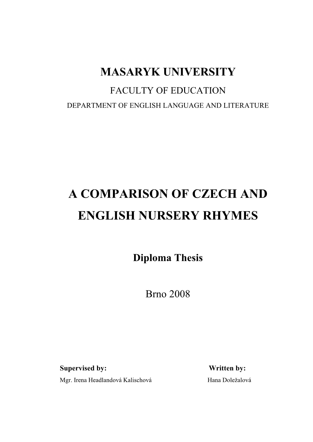 A Comparison of Czech and English Nursery Rhymes