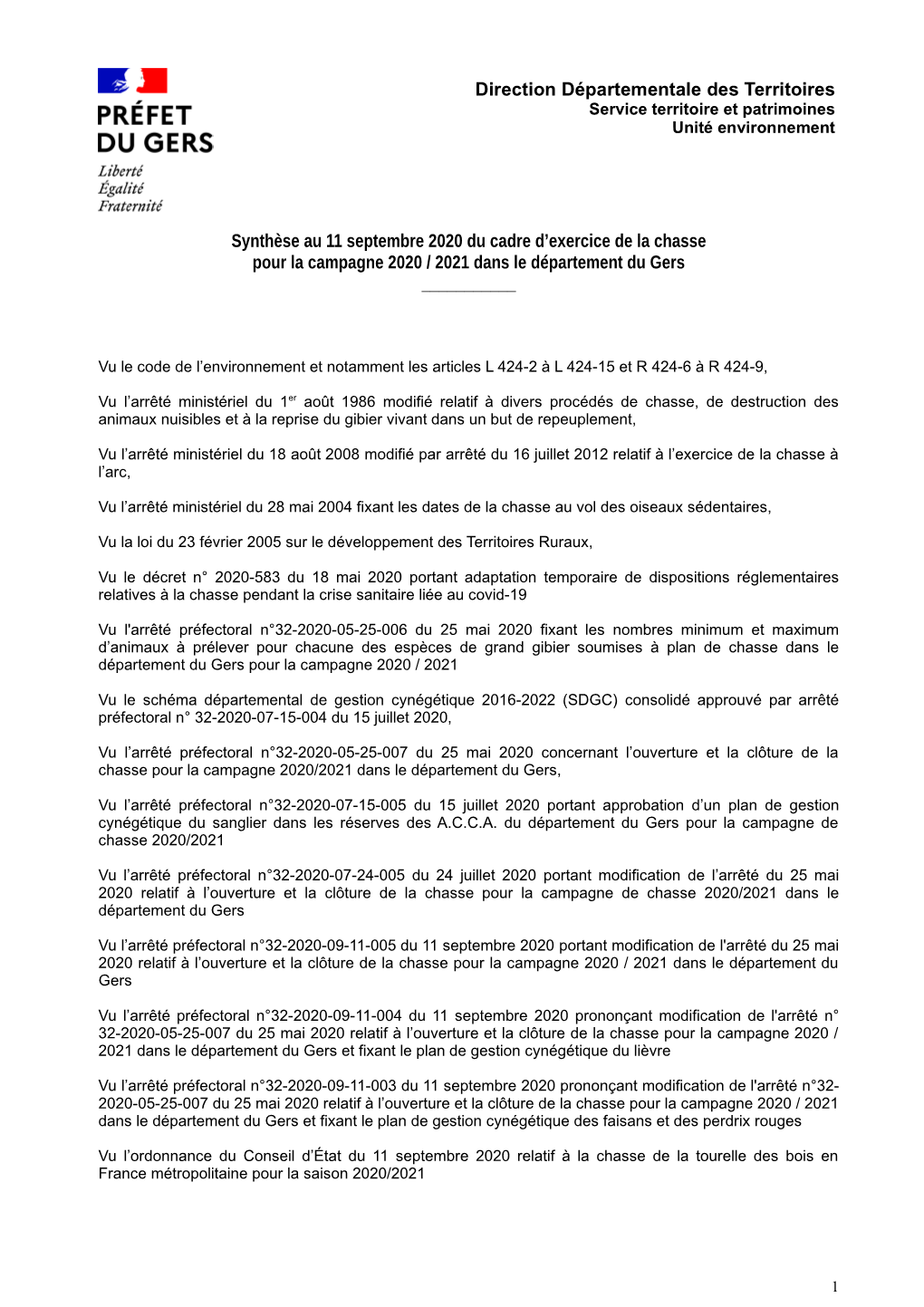 Synthèse Au 11 Septembre 2020 Du Cadre D’Exercice De La Chasse Pour La Campagne 2020 / 2021 Dans Le Département Du Gers ______