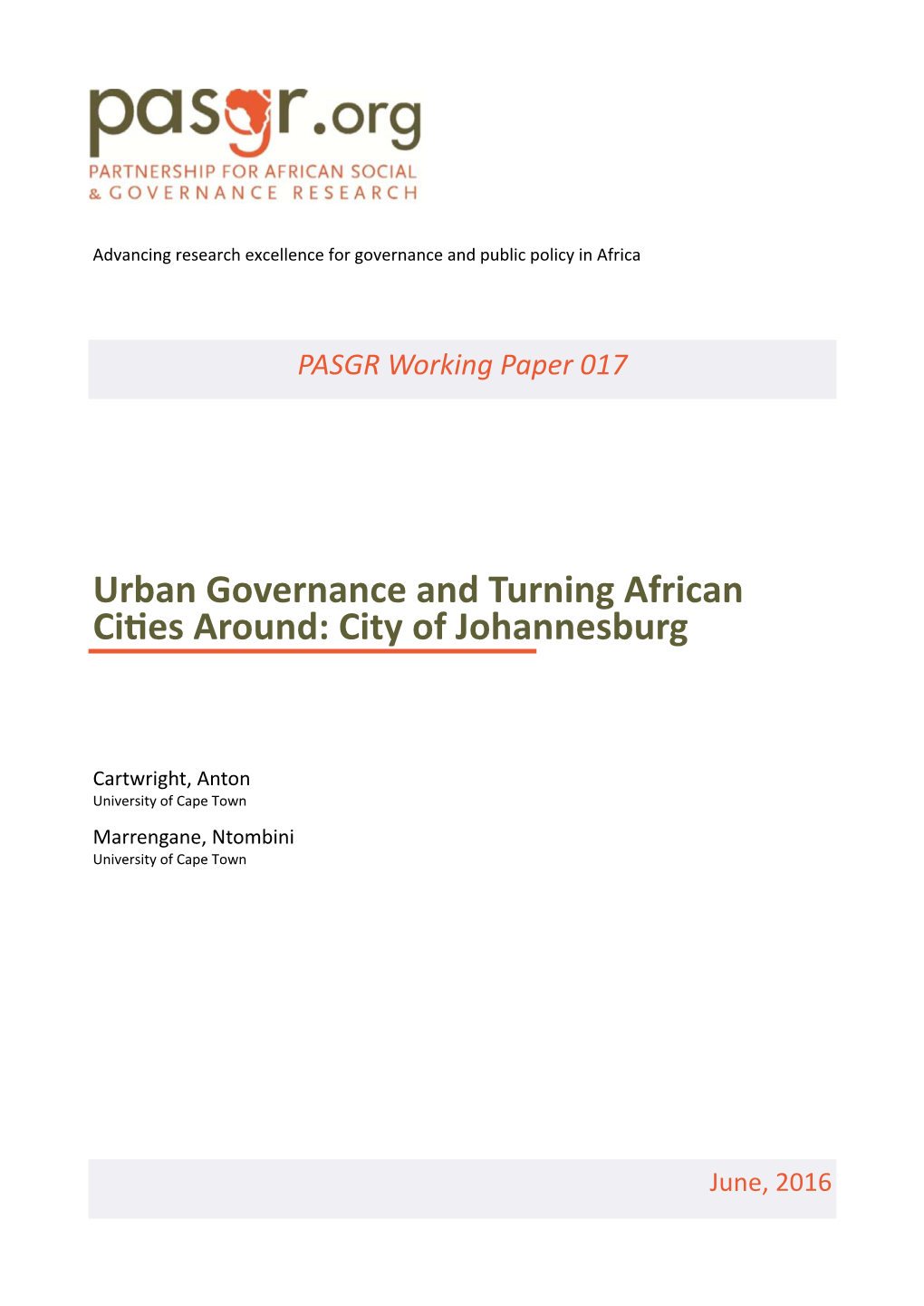 Urban Governance and Turning African Ciɵes Around: City of Johannesburg