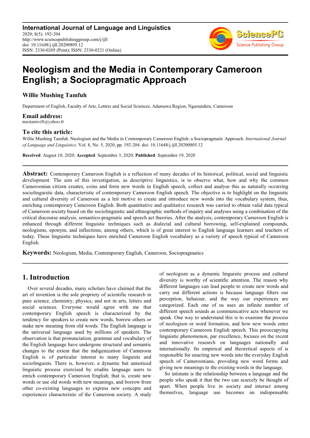 Neologism and the Media in Contemporary Cameroon English; a Sociopragmatic Approach