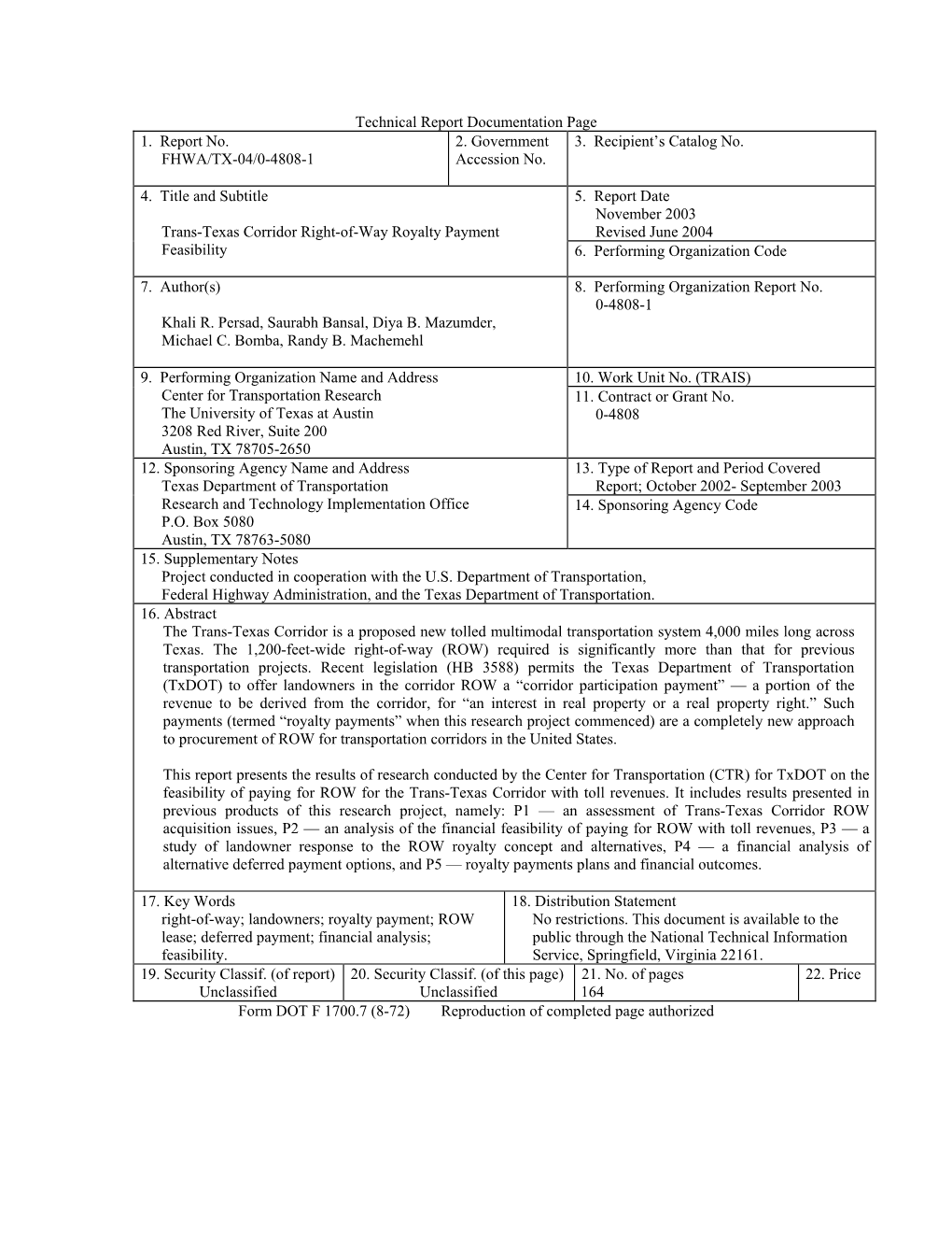 Trans-Texas Corridor Right-Of-Way Royalty Payment Feasibility (FHWA