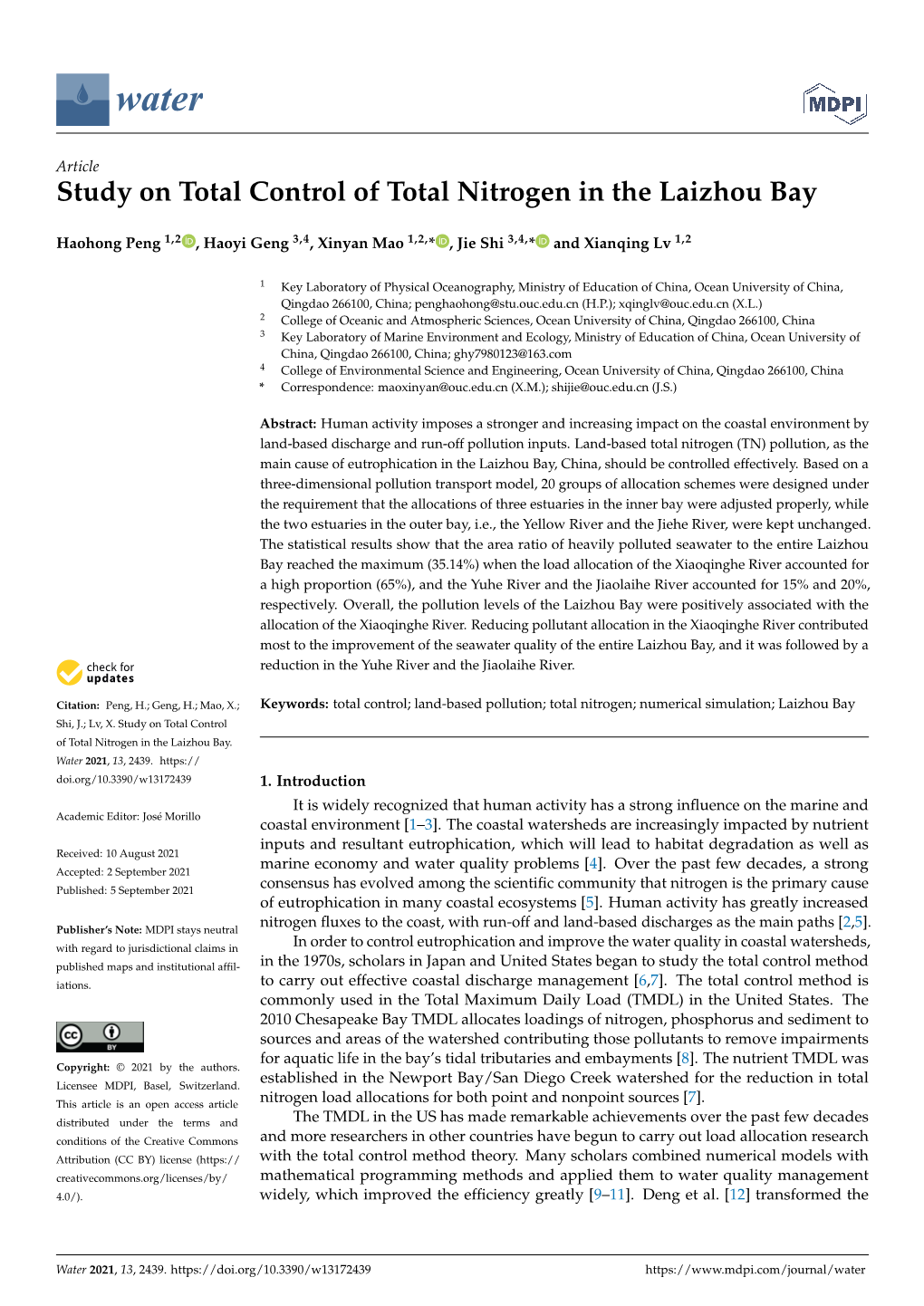 Study on Total Control of Total Nitrogen in the Laizhou Bay