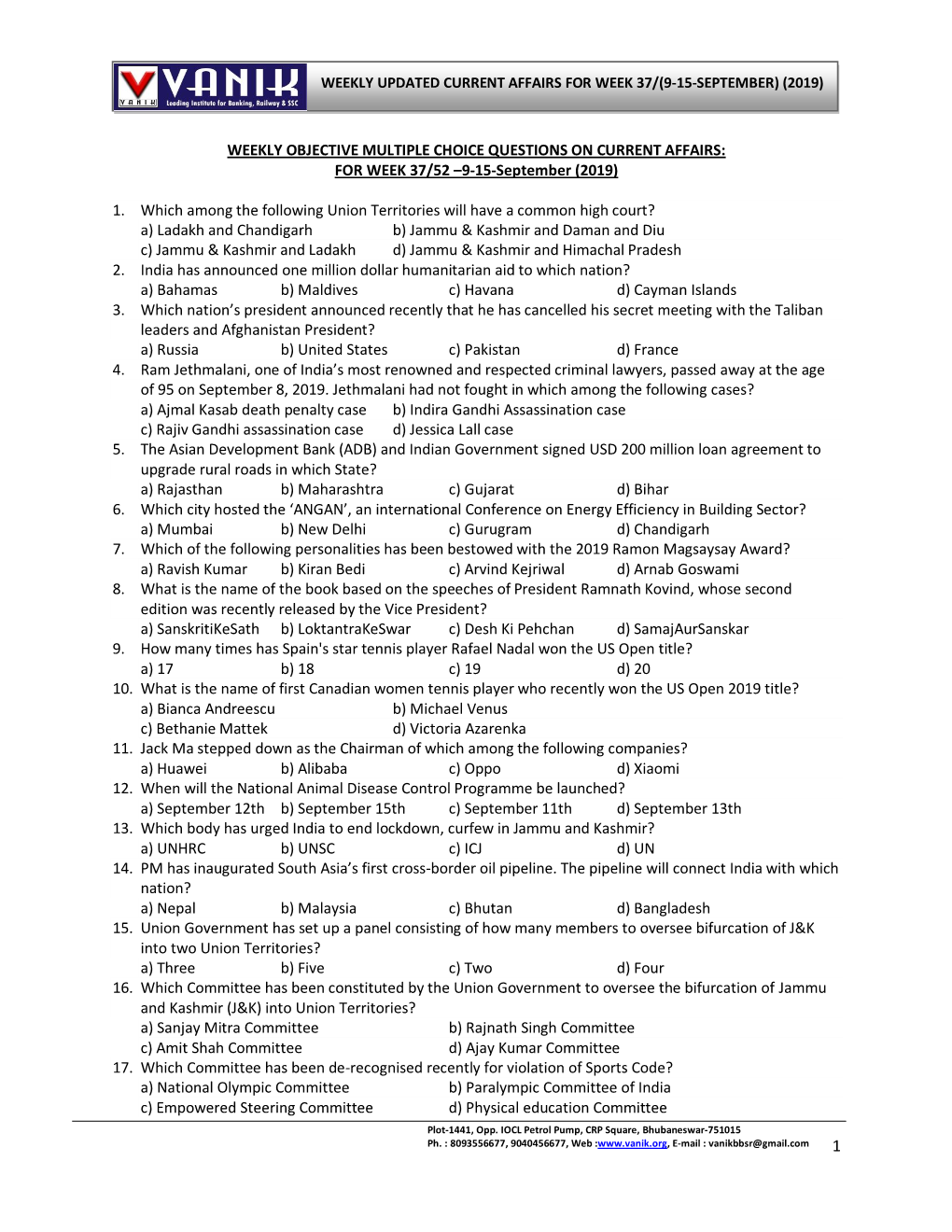 Weekly Updated Current Affairs for Week 37/(9-15-September) (2019)