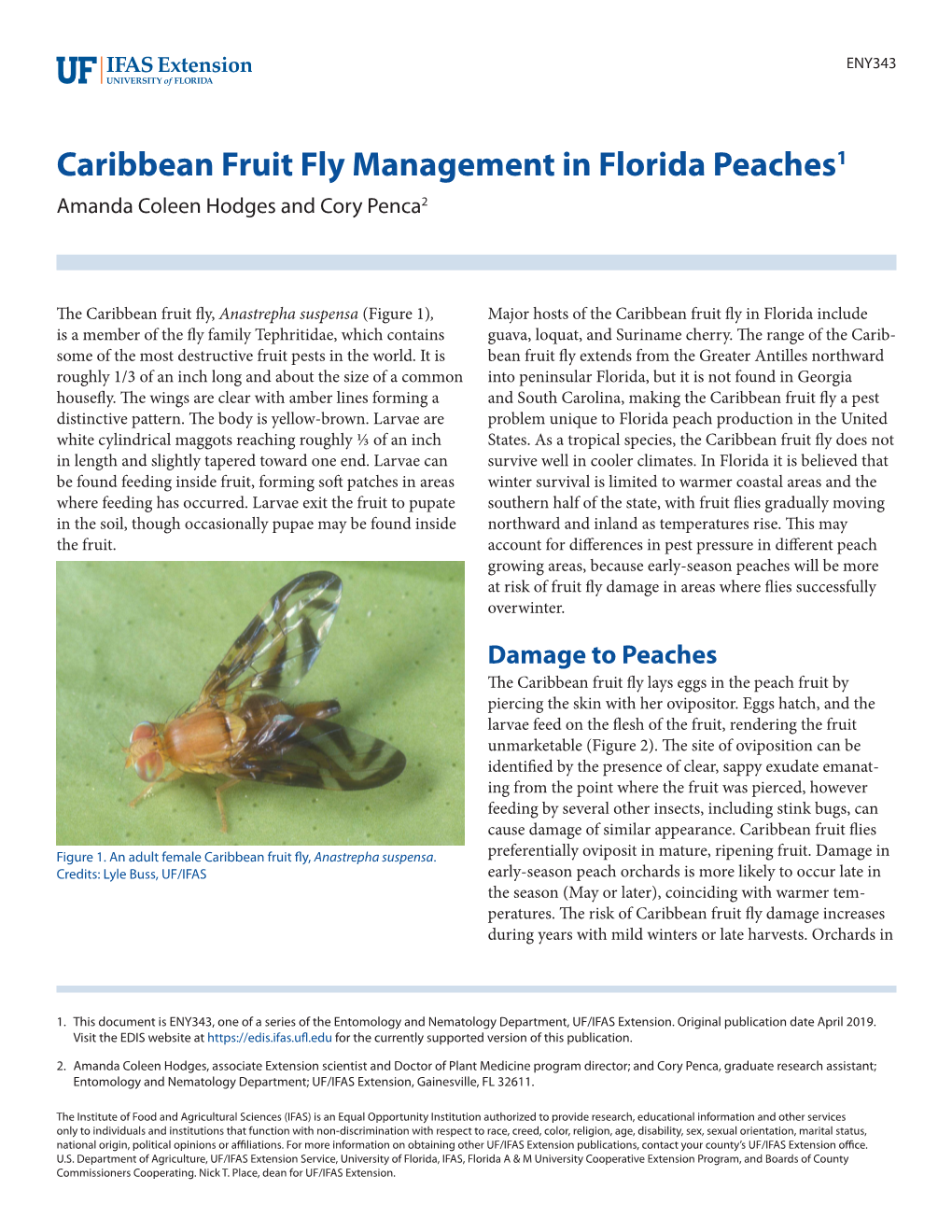 Caribbean Fruit Fly Management in Florida Peaches1 Amanda Coleen Hodges and Cory Penca2