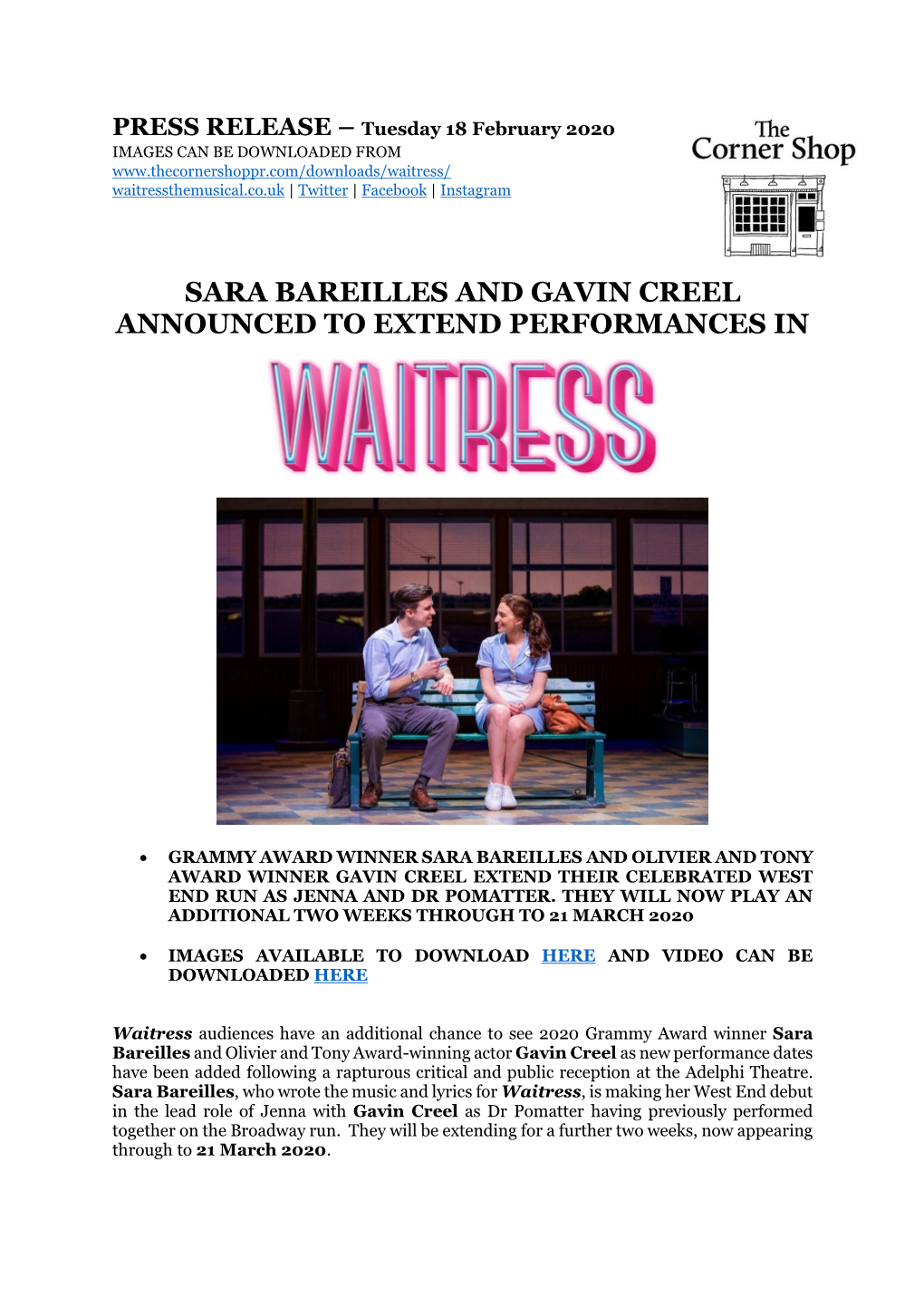 Sara Bareilles and Gavin Creel Announced to Extend Performances In