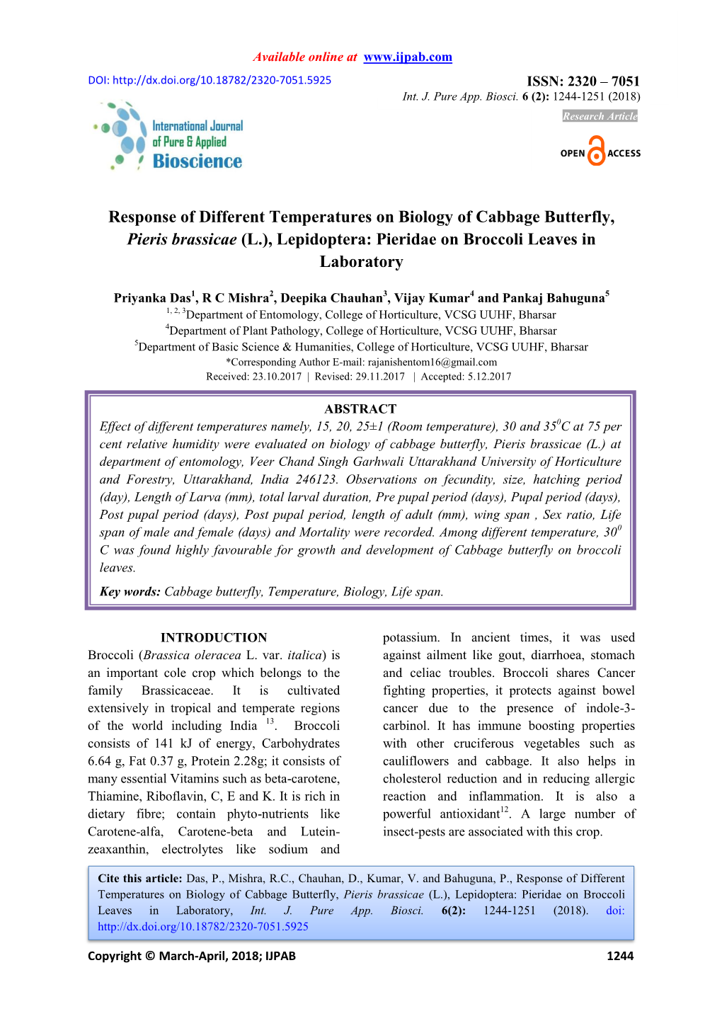 Response of Different Temperatures on Biology of Cabbage Butterfly, Pieris Brassicae (L.), Lepidoptera: Pieridae on Broccoli Leaves in Laboratory