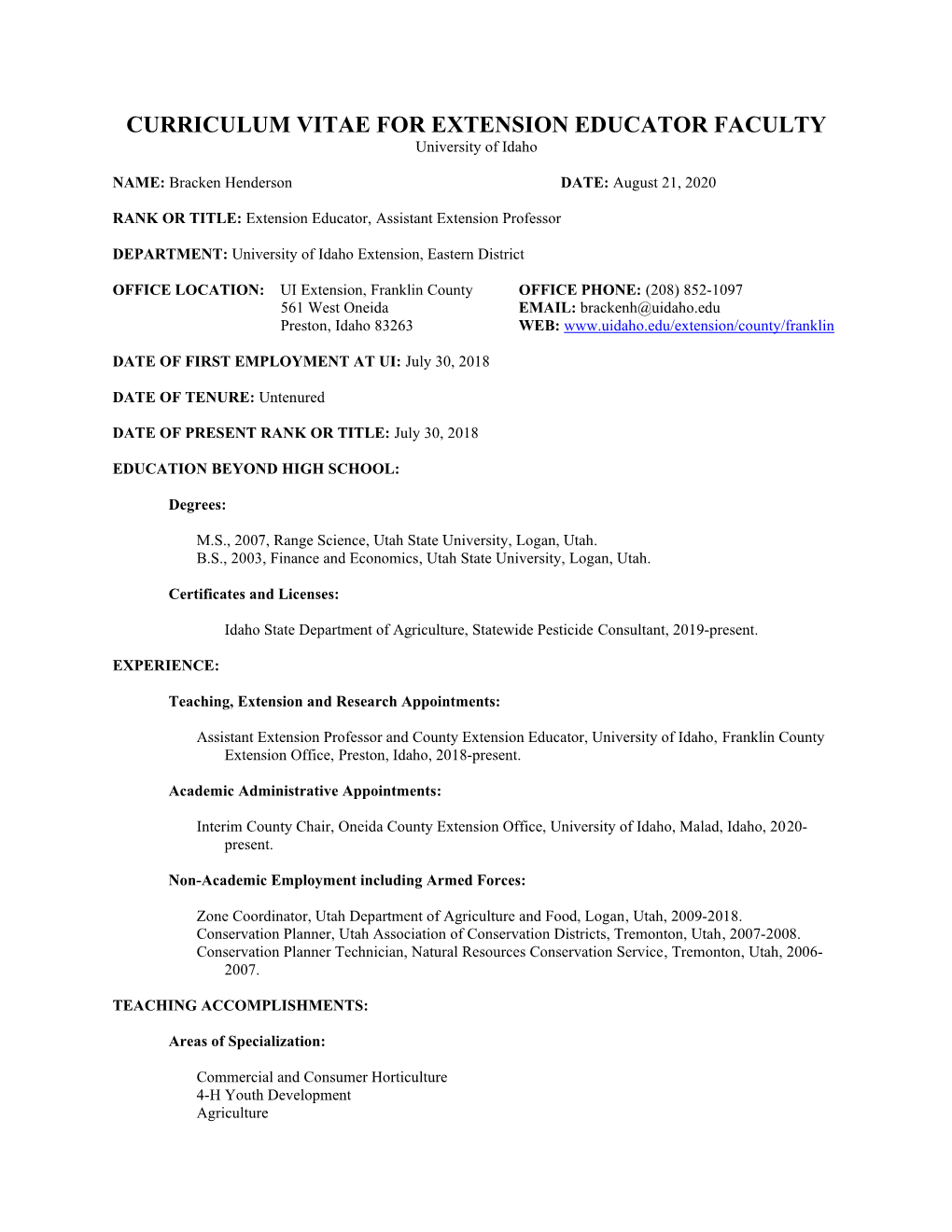 CURRICULUM VITAE for EXTENSION EDUCATOR FACULTY University of Idaho