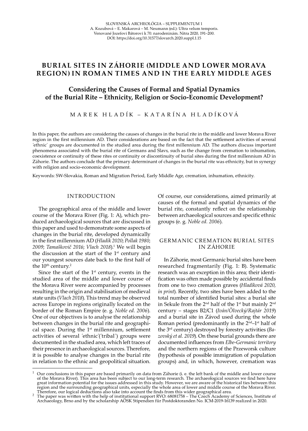 Burial Sites in Záhorie (Middle and Lower Morava Region) in Roman Times and in the Early Middle Ages