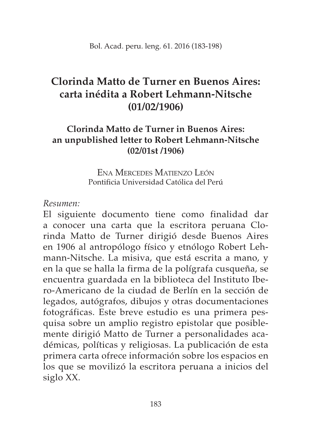 Clorinda Matto De Turner En Buenos Aires: Carta Inédita a Robert Lehmann-Nitsche (01/02/1906)
