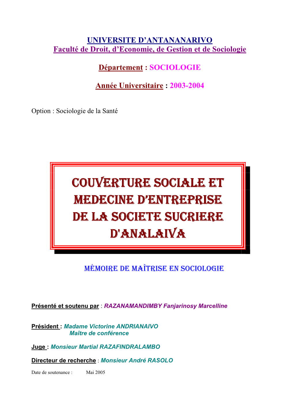 Couverture Sociale Et Medecine D'entreprise De La Societe Sucriere D'analaiva