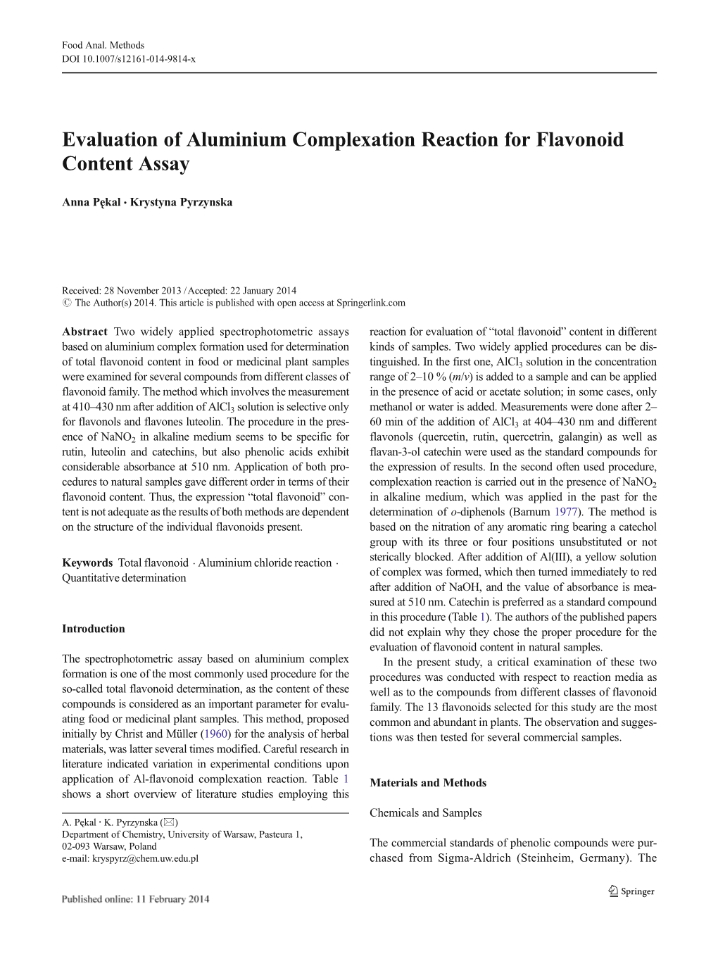 Evaluation of Aluminium Complexation Reaction for Flavonoid Content Assay