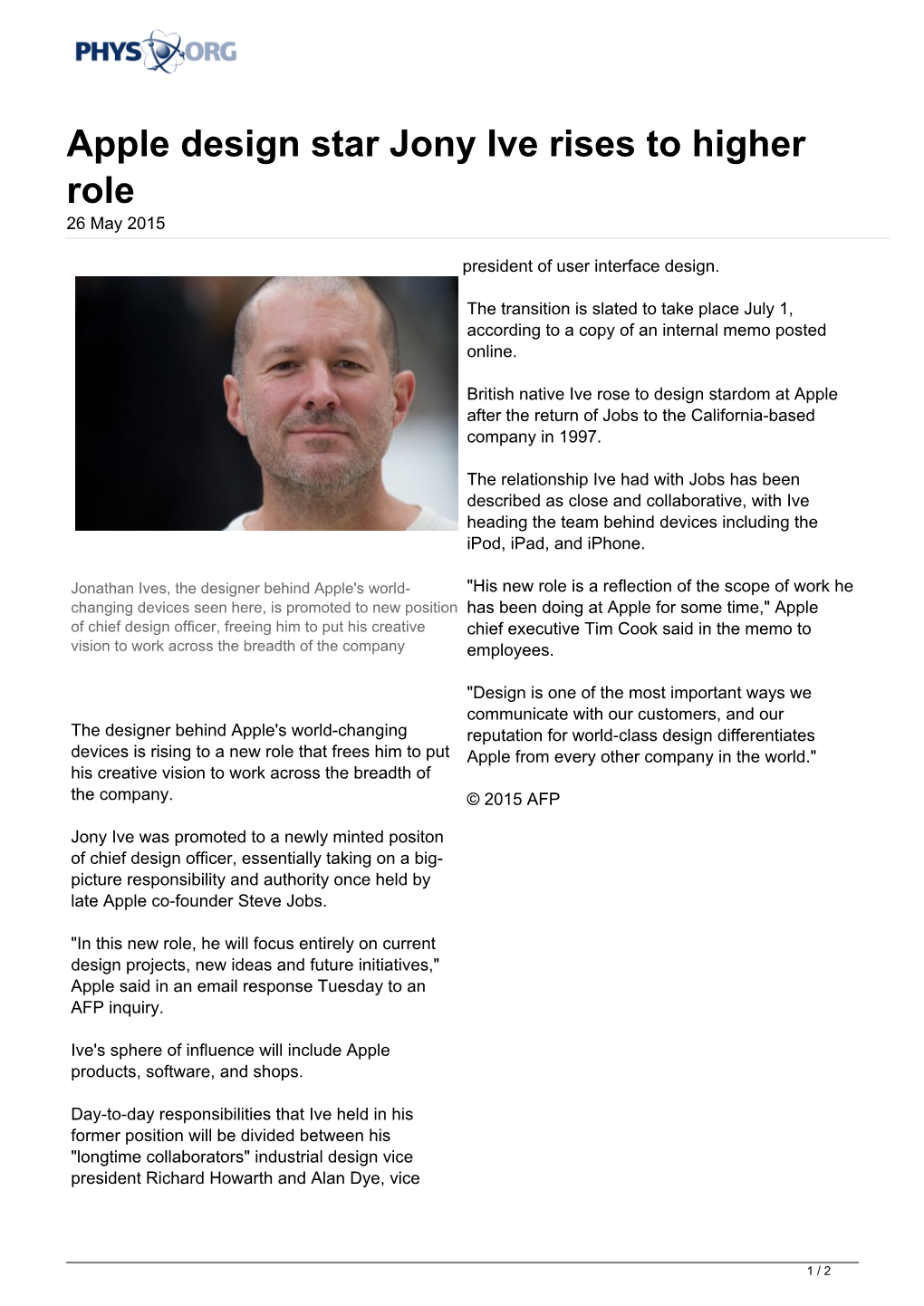 Apple Design Star Jony Ive Rises to Higher Role 26 May 2015