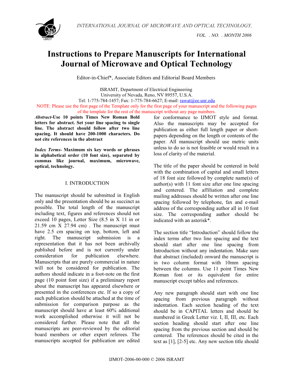 Instructions To Prepare Manuscripts For International Journal Of Microwave And Optical Technology