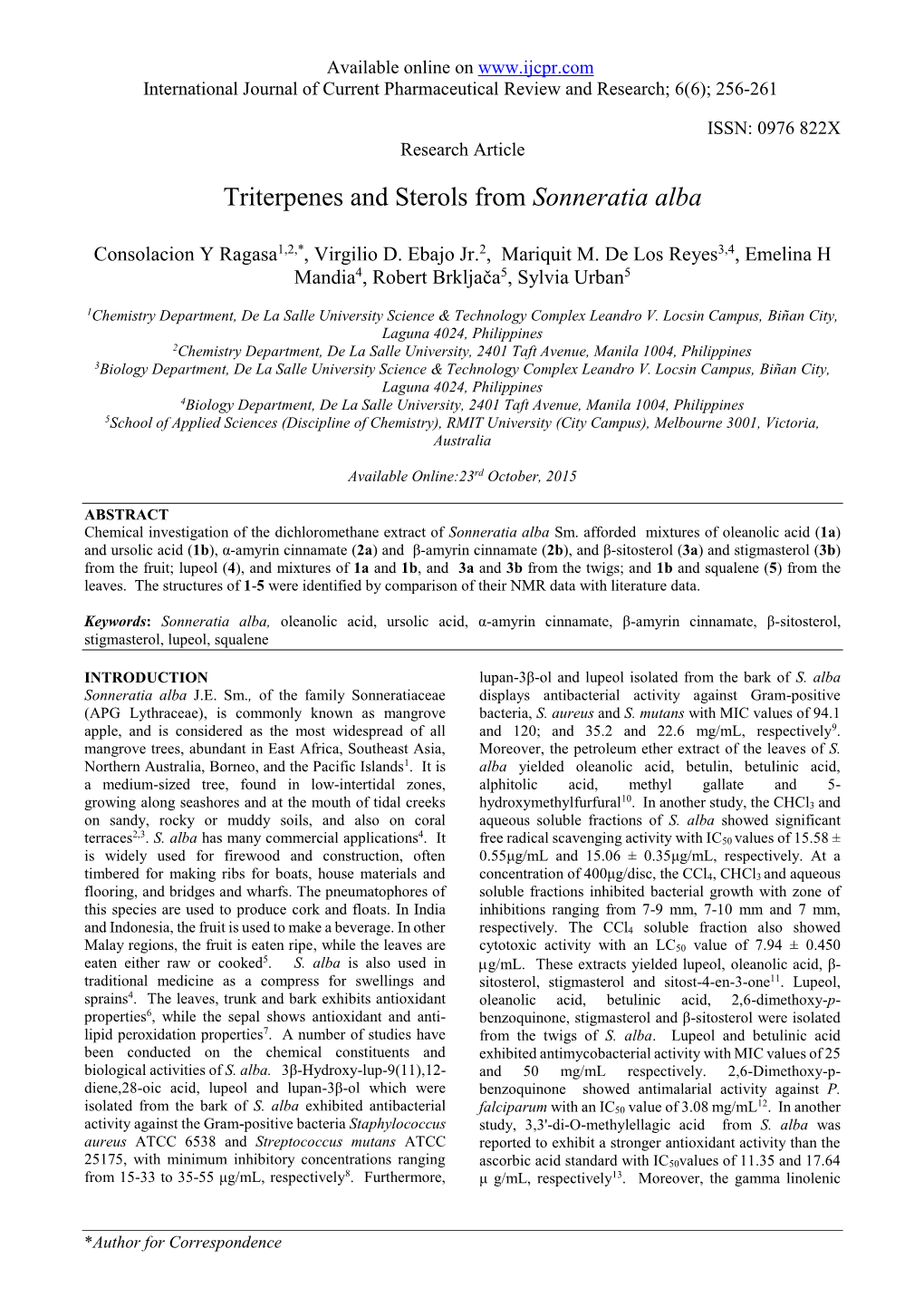 Triterpenes and Sterols from Sonneratia Alba