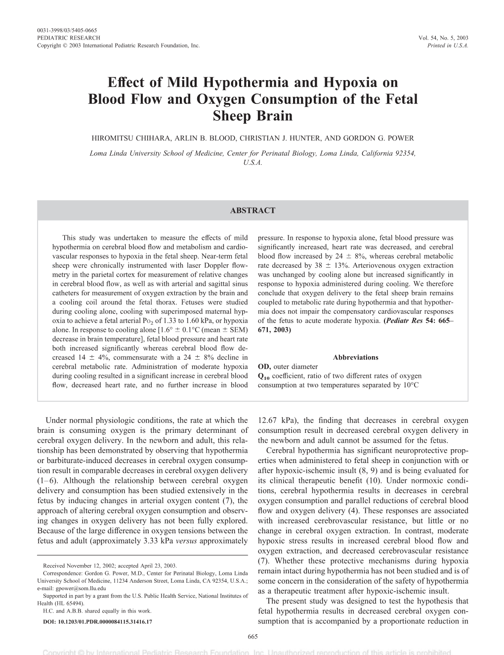 Effect of Mild Hypothermia and Hypoxia on Blood Flow and Oxygen Consumption of the Fetal Sheep Brain