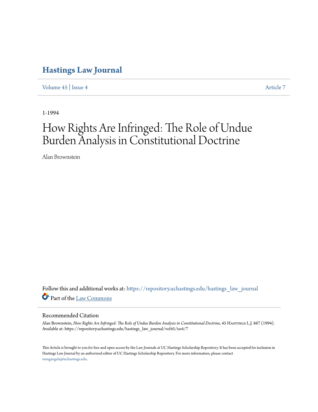 The Role of Undue Burden Analysis in Constitutional Doctrine Alan Brownstein