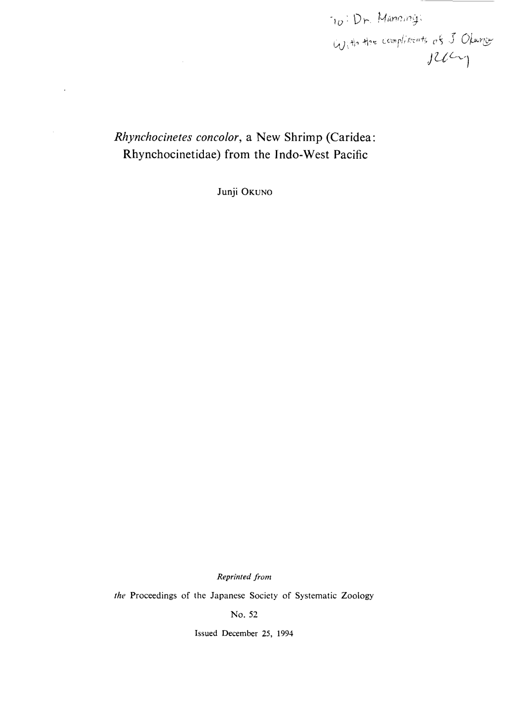 Rhynchocinetes Concolor, a New Shrimp (Caridea: Rhynchocinetidae) from the Indo-West Pacific