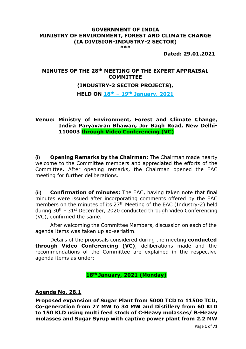 GOVERNMENT of INDIA MINISTRY of ENVIRONMENT, FOREST and CLIMATE CHANGE (IA DIVISION-INDUSTRY-2 SECTOR) *** Dated: 29.01.2021