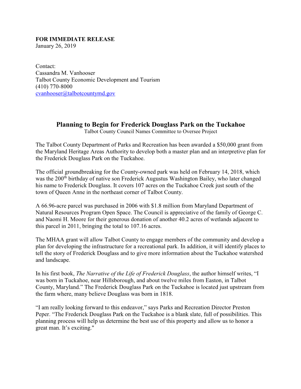 Planning to Begin for Frederick Douglass Park on the Tuckahoe Talbot County Council Names Committee to Oversee Project