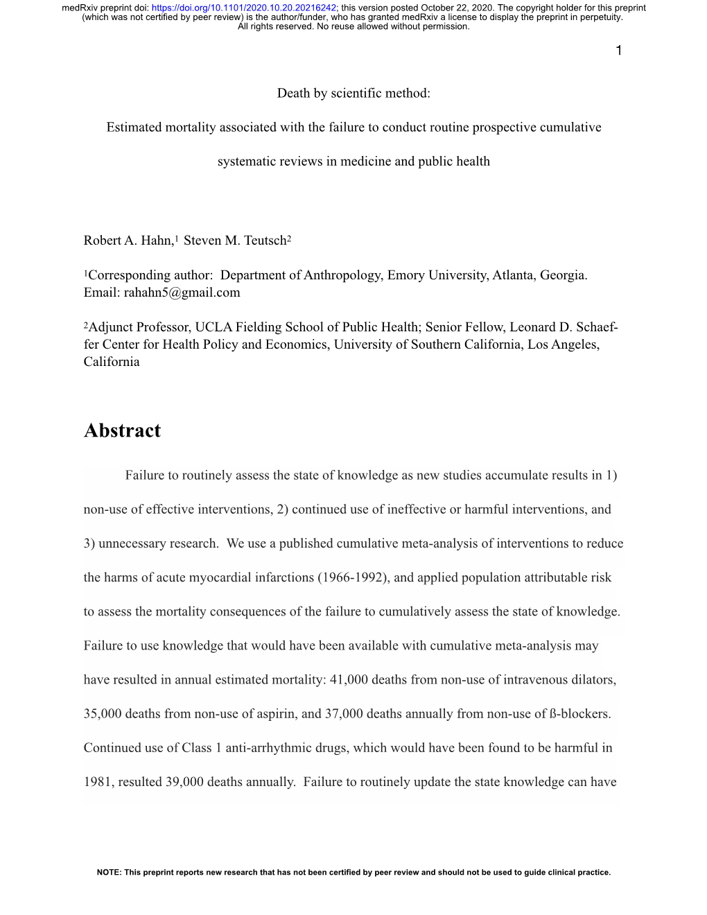 Death by Scientific Method: Estimated Mortality Associated with the Failure