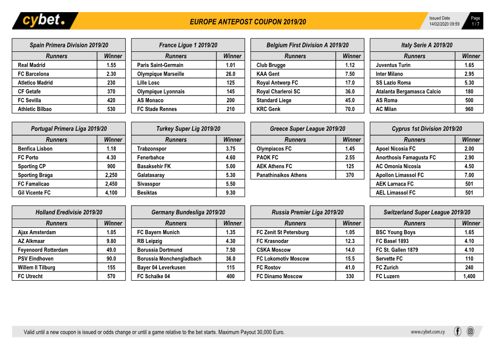 Europe Antepost Coupon 2019/20 14/02/2020 09:59 1 / 7