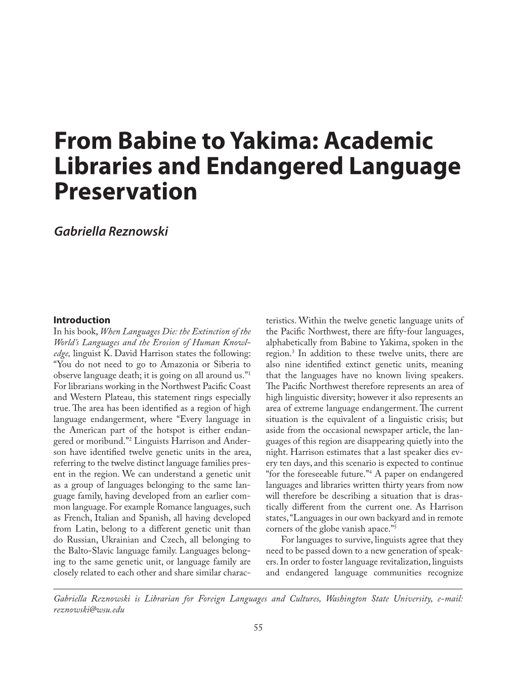 From Babine to Yakima: Academic Libraries and Endangered Language Preservation