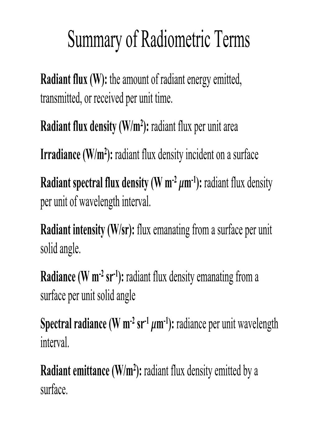 Summary of Radiometric Terms