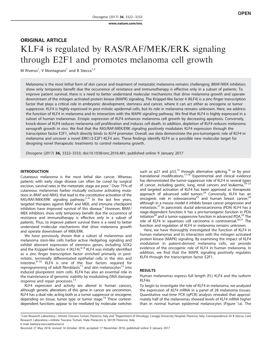 KLF4 Is Regulated by RAS/RAF/MEK/ERK Signaling Through E2F1 and Promotes Melanoma Cell Growth