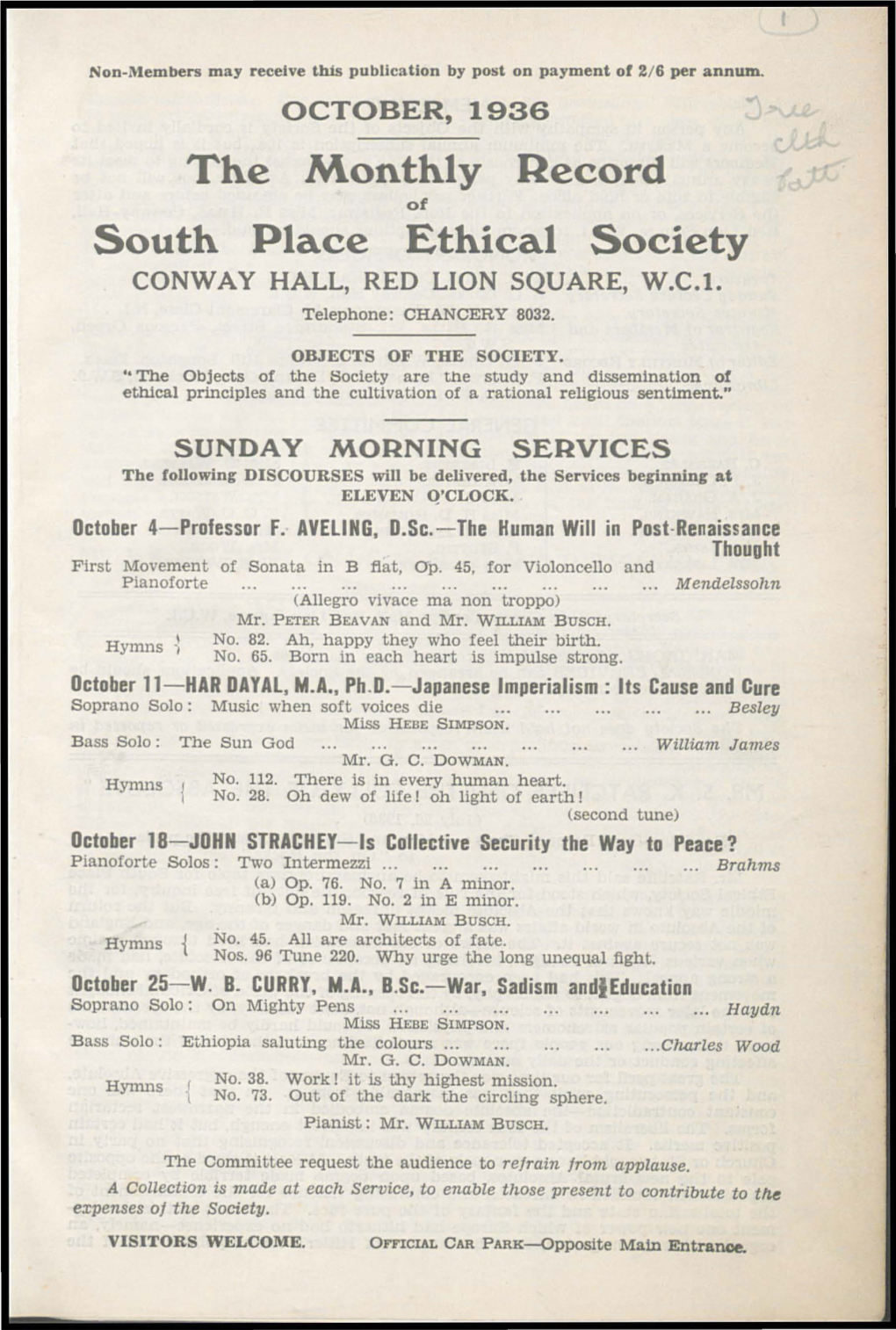 The Monthly Record South Place Ethical Society