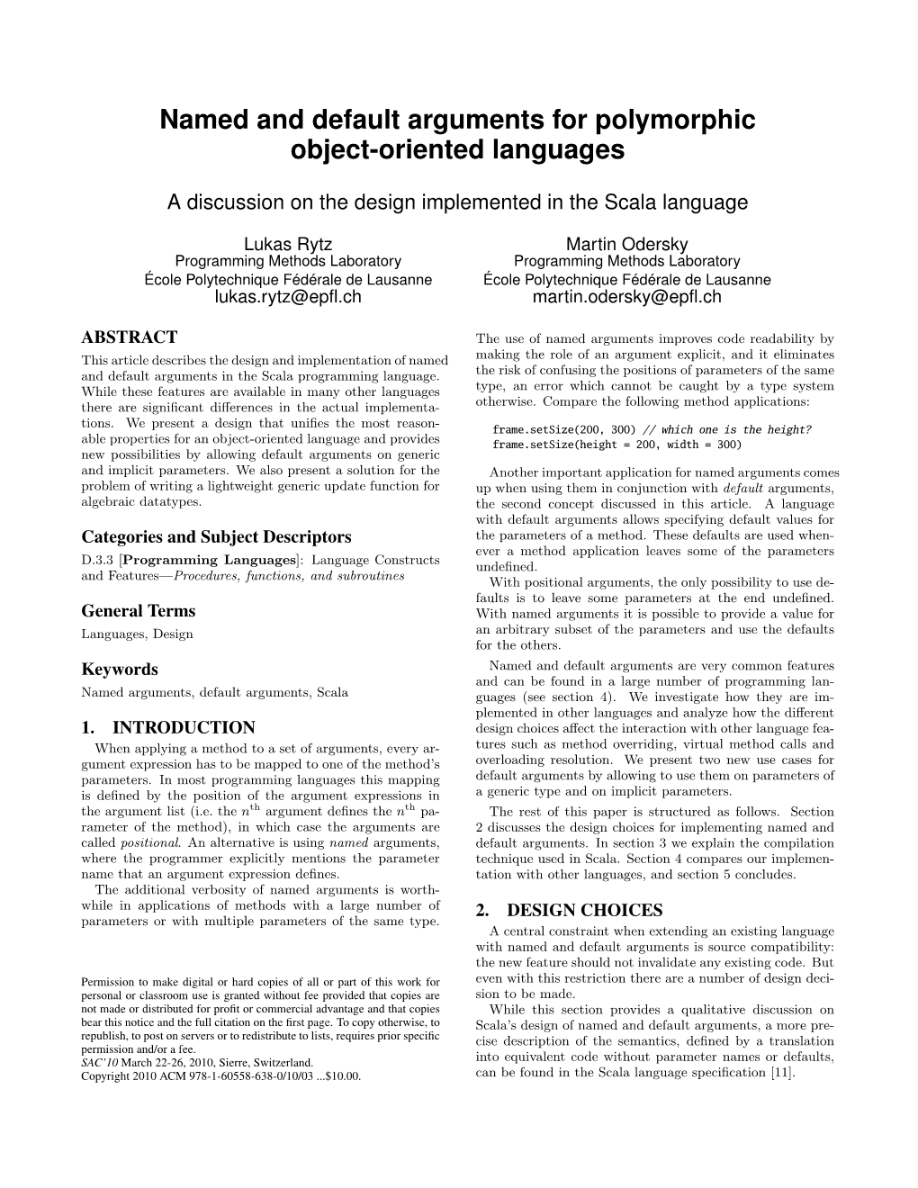 Named and Default Arguments for Polymorphic Object-Oriented Languages